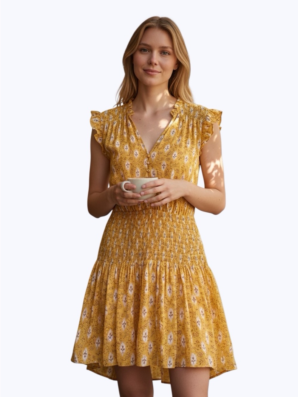 Veronica Beard Mustard Yellow Floral Smocked Dress - Sz 6